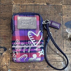 Purple Plaid Poppy Wristlet Phone Case and card holder/money 5”x3” never used